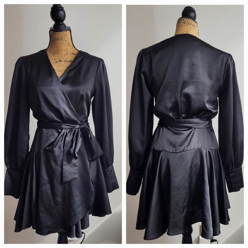 Glamorous Satin Wrap Black Mini Dress Size 6